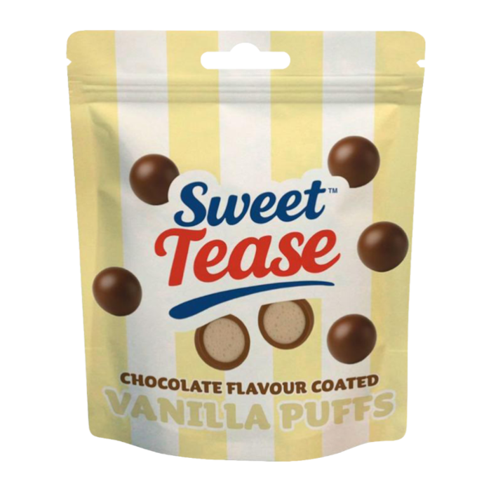 Front of Sweet Tease Vanilla Puffs 80g bag showing logo, chocolate flavour coating, and a visual of the puffs.