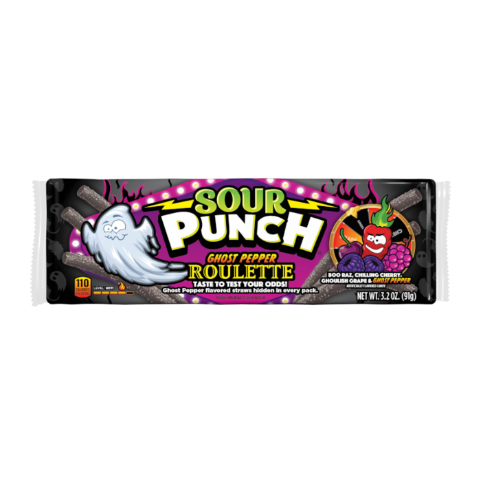Front of Sour Punch Ghost Pepper Roulette packaging featuring ghost and chilli character, bold logo, and Halloween-themed design (91g pack)