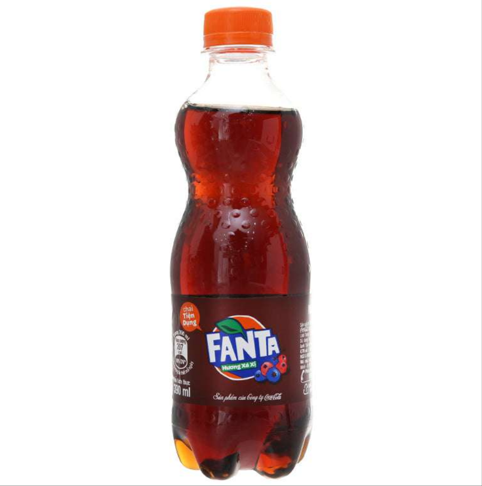 Front of Fanta Huong Xa Xi Sarsaparilla bottle displaying the logo, vibrant colours, and sarsaparilla flavour label (390ml pack)
