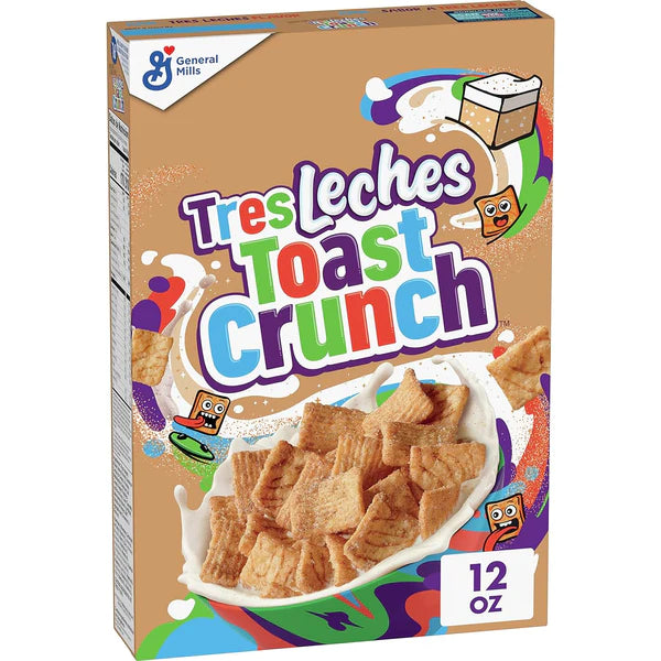 Front of Tres Leche Toast Crunch Cereal box showing colourful logo, crunchy cereal in milk, and 340g pack size.