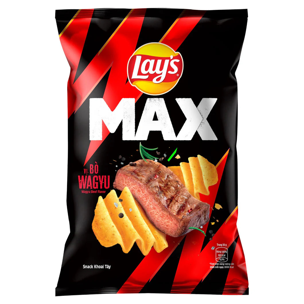 Front of Lay's MAX Wagyu Beef snack bag showcasing bold logo, wagyu beef flavour, and crispy chips (42g pack)