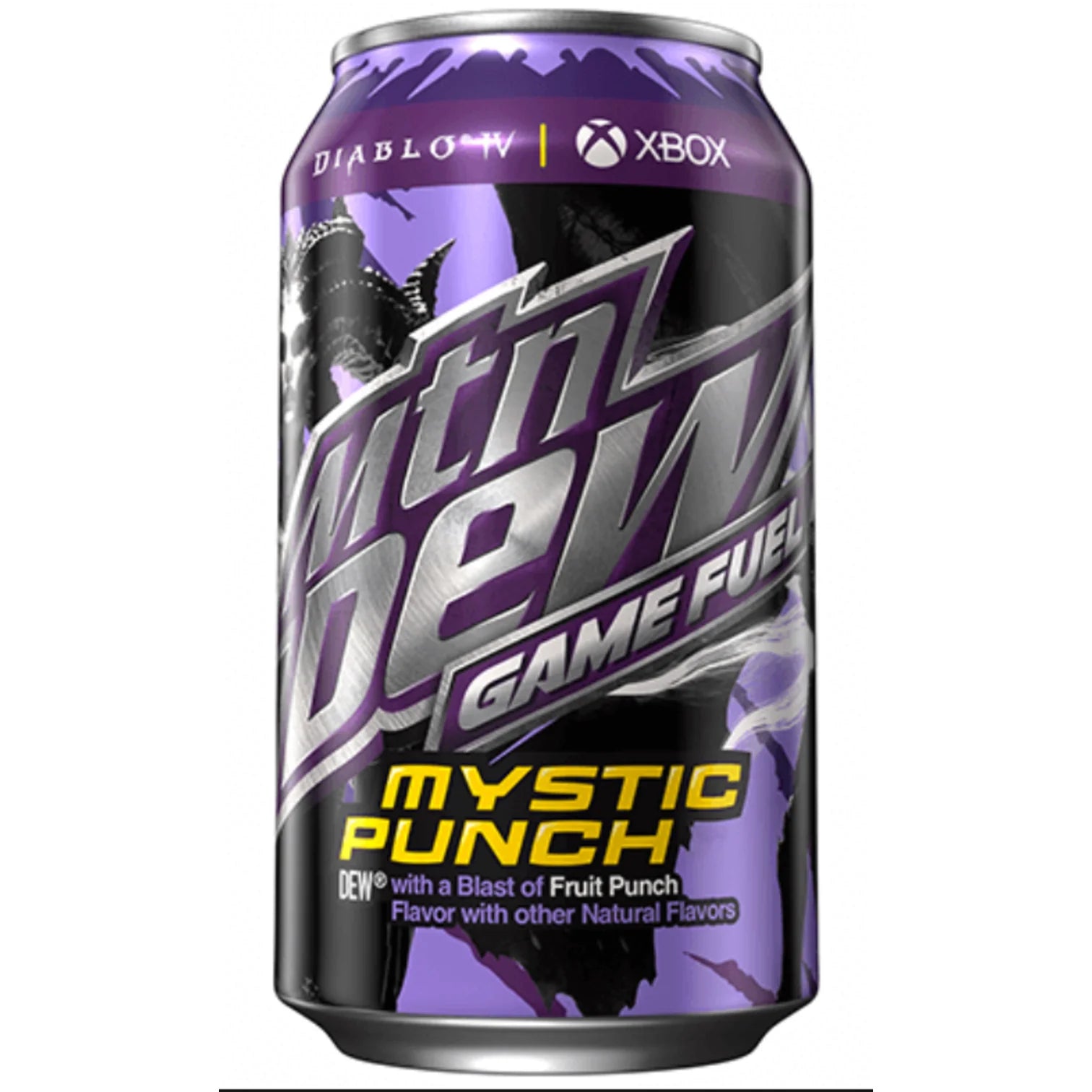 Front of Mountain Dew Game Fuel Mystic Punch can featuring bright purple design, bold logo, and fruit punch flavour label (355ml)
