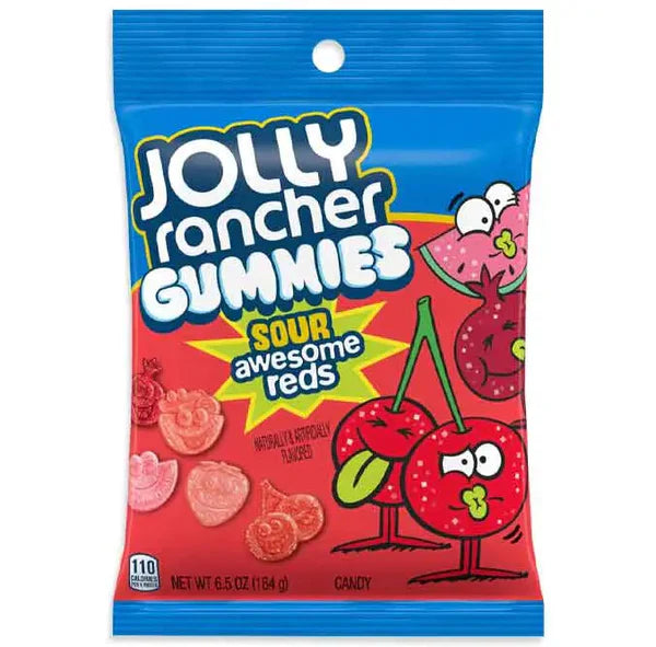 Front of Jolly Rancher Gummies Sour Awesome Reds bag featuring colourful graphics, playful logo, and cherry imagery (184g pack)