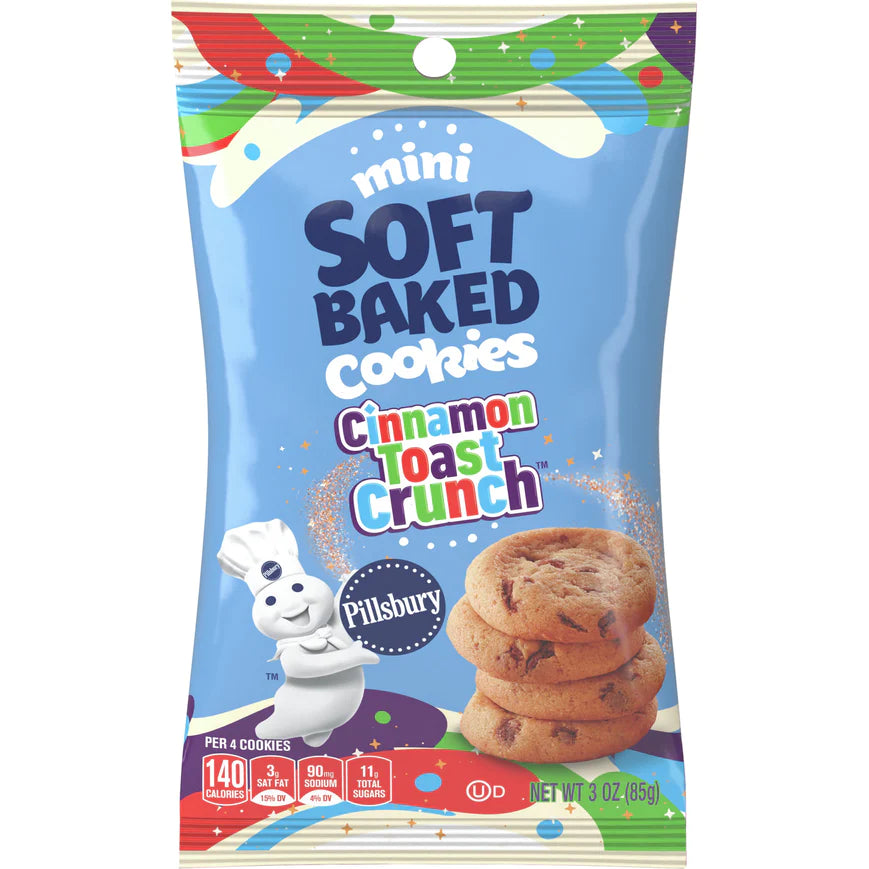 Front of Pillsbury Soft Baked Cookies Cinnamon Toast Crunch bag showing blue background, logo, and image of mini cookies (85g pack)