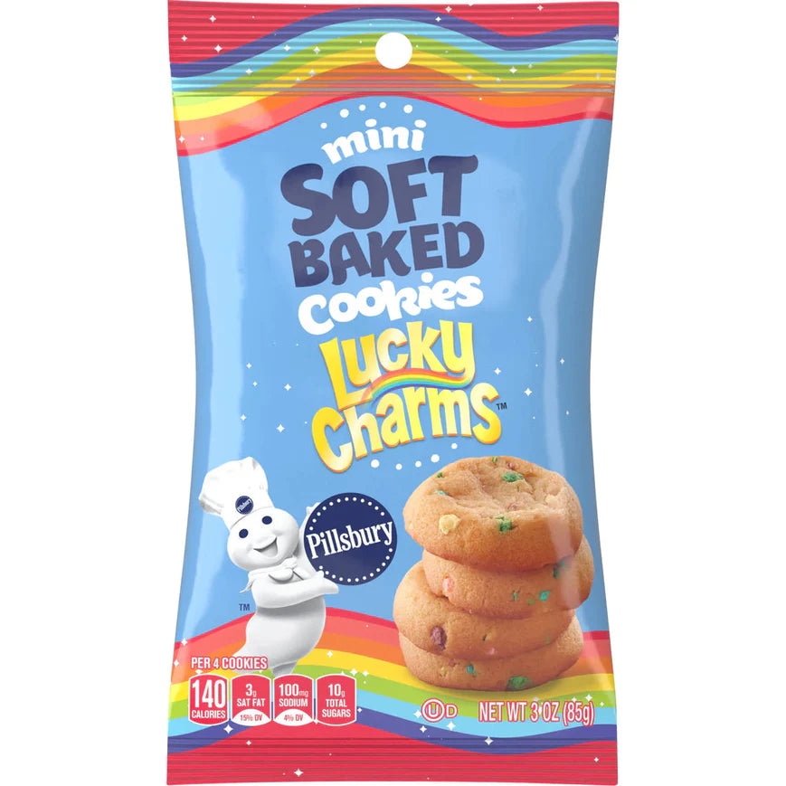 Front of Pillsbury Soft Baked Cookies Lucky Charms bag featuring logo, colourful design, and stack of cookies (85g pack)