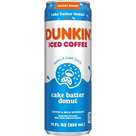Front of Dunkin' Cake Batter Donut Iced Coffee Can featuring brand logo, cake batter donut illustration, and 355ml size label.