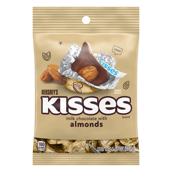 Front of Hershey's Kisses Milk Chocolate with Almonds bag showing logo, chocolate with almond image, and 150g pack size.