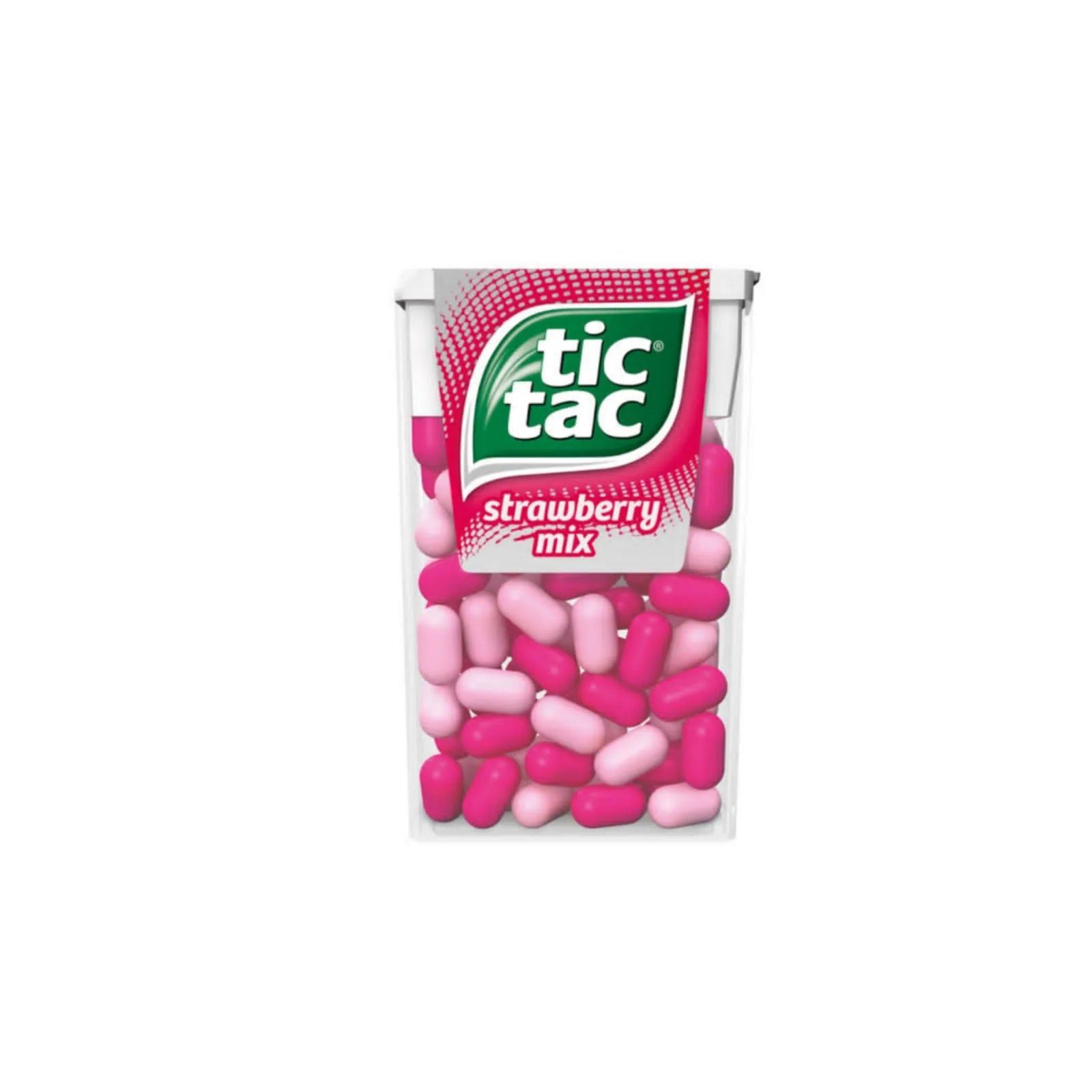 Front of Tic Tac Strawberry Mix container showing the logo, mix of pink and pale pink candy pieces, and pack size (18g)