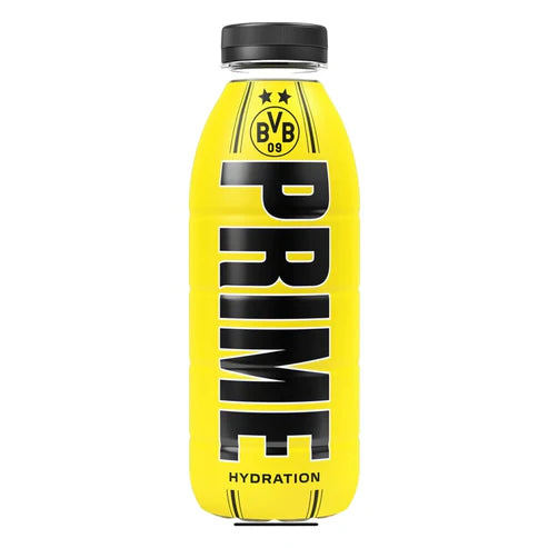 Front of Prime Hydration Borussia Dortmund bottle showing bright yellow label with bold logo, hydration details, and 500ml pack size.