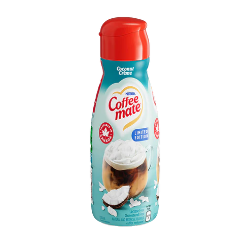 Front of Coffee-Mate Coconut Crème Creamer Limited Edition bottle showing logo, coconut flavour imagery, and pack size (946ml)