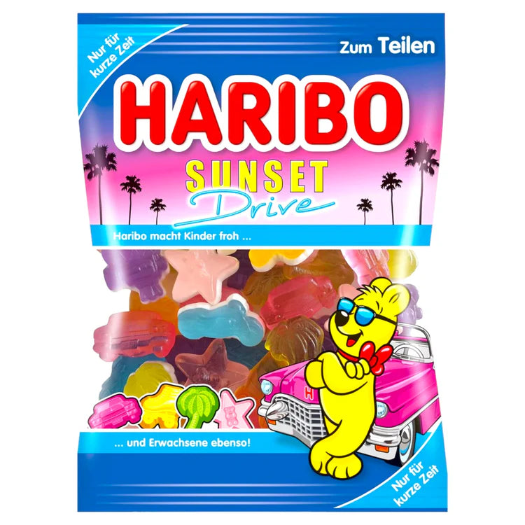 Front of Haribo Sunset Drive bag showing the brand logo, colourful gummy shapes, and vibrant packaging (175g pack)