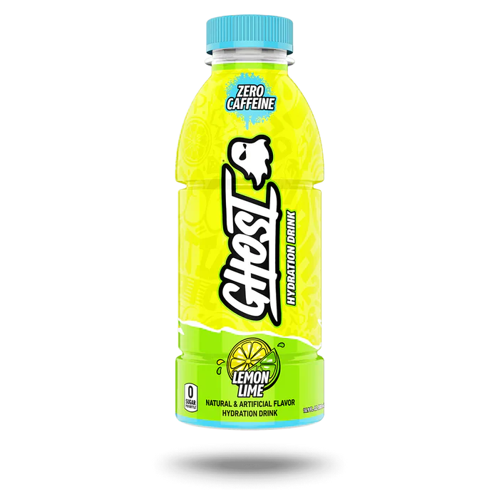 Front of Ghost Lemon Lime Hydration Drink bottle showing bright yellow label, lemon-lime flavour details, and 500ml volume.