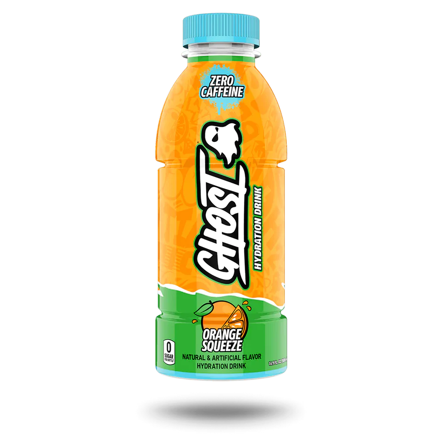 Front of Ghost Orange Squeeze Hydration Drink bottle showing bright orange label with logo and orange flavour details (500ml)