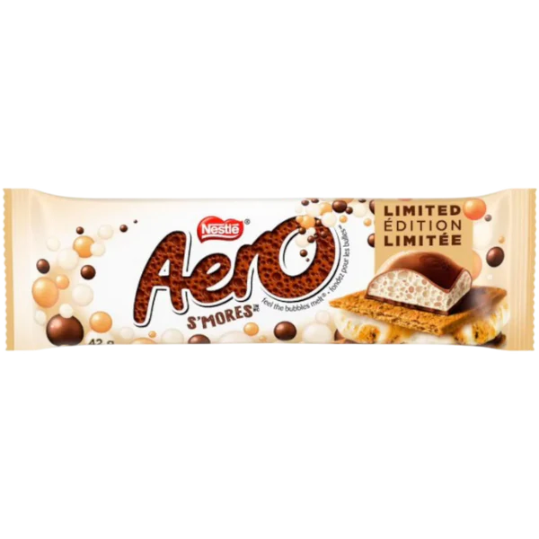 Front of Aero S'mores Chocolate bar showing the brand logo, product name, and an image of the chocolate with s'mores design (42g pack)