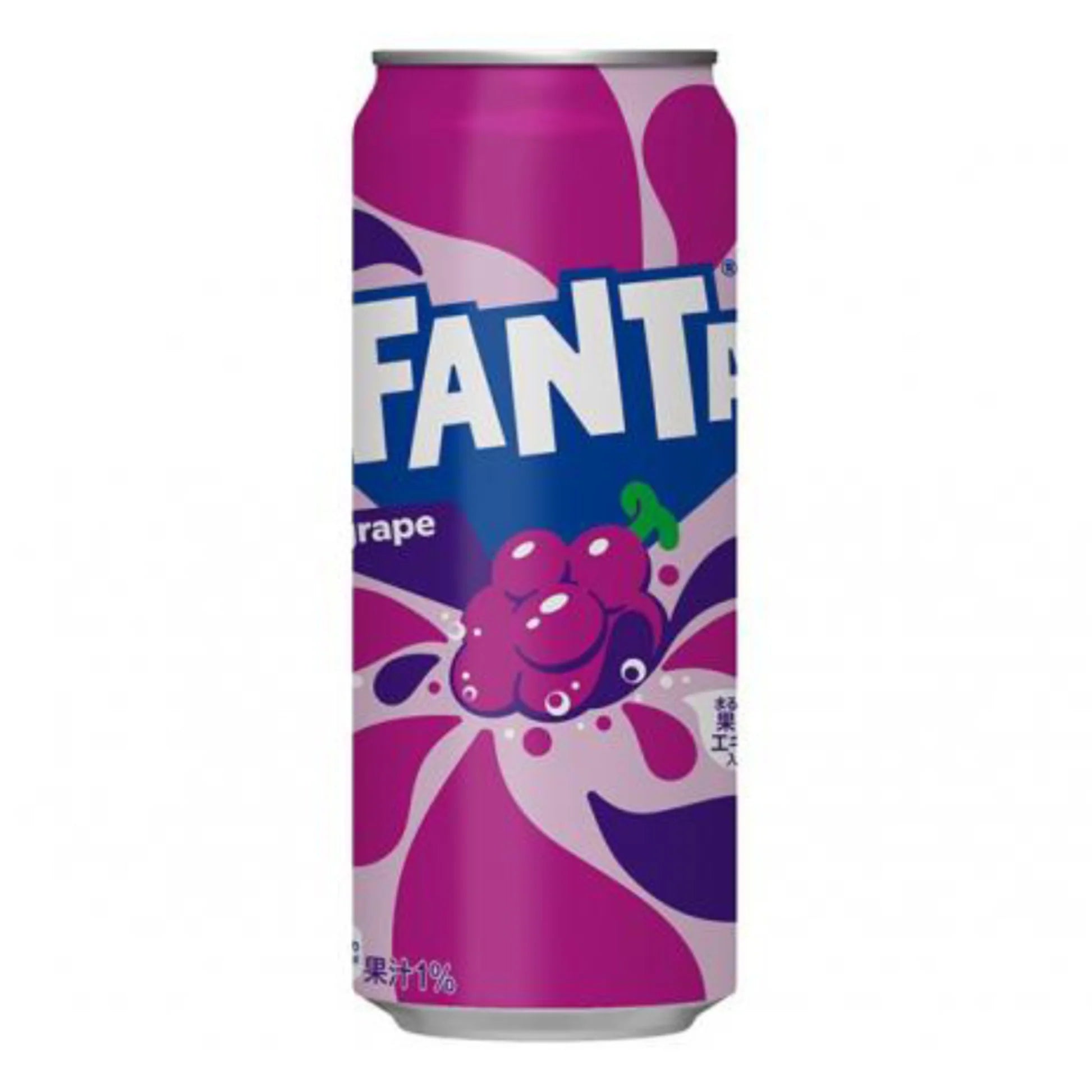 Front of Fanta Grape (Japan) can featuring vibrant purple design, grape flavour label, and 500ml size indication.