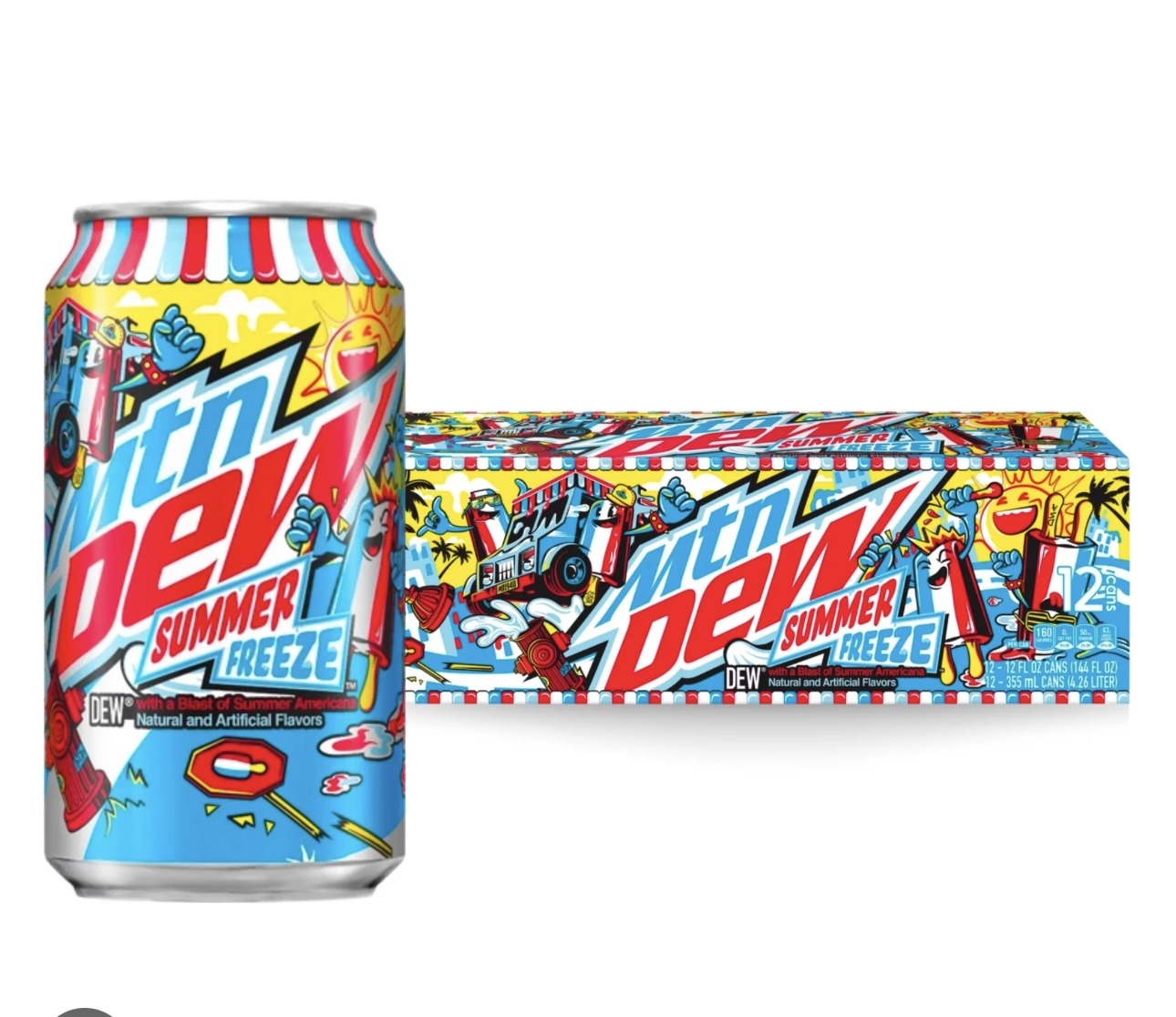Front of Mountain Dew Limited Edition Summer Freeze case showcasing vibrant can design, summer-inspired artwork, and 12 pack of 355ml cans.