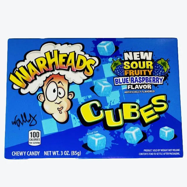 Front of Warheads Sour Blue Raspberry Cubes Theatre Box showing vibrant blue raspberry flavour, Warheads logo, and chewy candy cubes (85g pack)