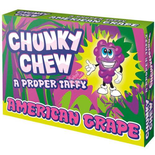 Front of Chunky Chew American Grape Taffy box showing vibrant packaging with playful grape character, “Chunky Chew” logo, and “American Grape” label (100g pack)
