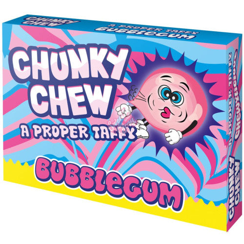Front of Chunky Chew Bubblegum Taffy box showing playful design, bubblegum flavour label, and bright colours (100g pack)