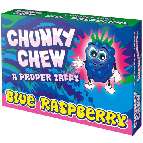Front of Chunky Chew Blue Raspberry Taffy box featuring vibrant blue packaging, colourful artwork, and the product title with 100g label.