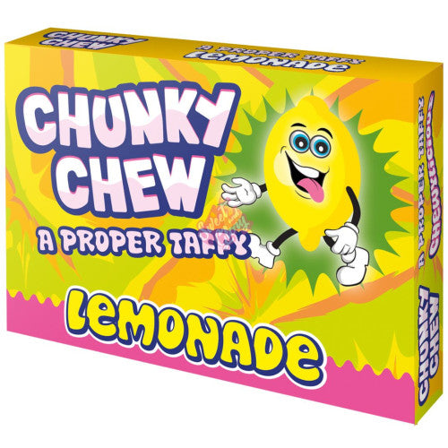 Front of Chunky Chew Lemonade Taffy box showing bright design, lemonade flavour, and cartoon citrus character (100g pack)
