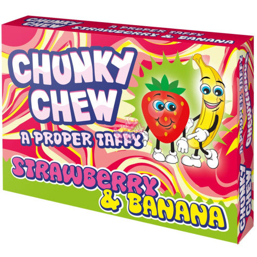 Front of Chunky Chew Strawberry & Banana Taffy box showing vibrant design with cartoon strawberries and bananas, featuring the product name and 100g pack size