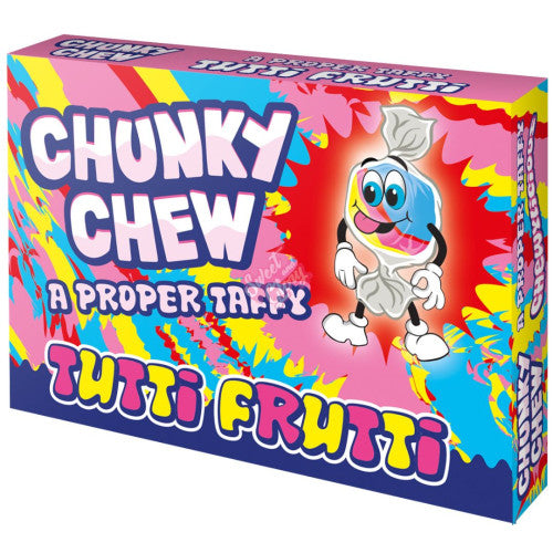Front of Chunky Chew Tutti Frutti Taffy box featuring the vibrant logo, colourful design, and character, with 100g pack size.