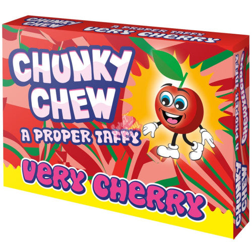 Front of Chunky Chew Very Cherry Taffy packaging featuring a cheerful cherry character, vibrant design, and 100g pack size