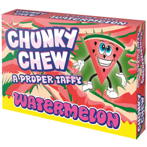Front of Chunky Chew Watermelon Taffy box showing bright design with watermelon illustration and logo (100g pack)