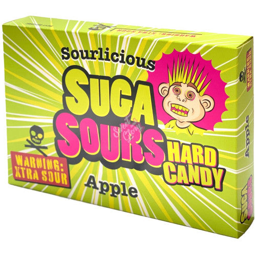 Front of Suga Sours Apple Hard Candy box showing bright green design, logo, and apple flavour label (100g pack)