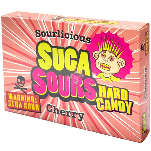Front of Suga Sours Cherry Hard Candy box showing bright colours, fun graphics, and cherry flavour label (100g pack)