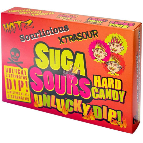 Front of Suga Sours Xtra Sour Unlucky Dip Hard Candy box displaying bold colours, cartoonish characters, and 'Unlucky Dip!' text on 100g pack