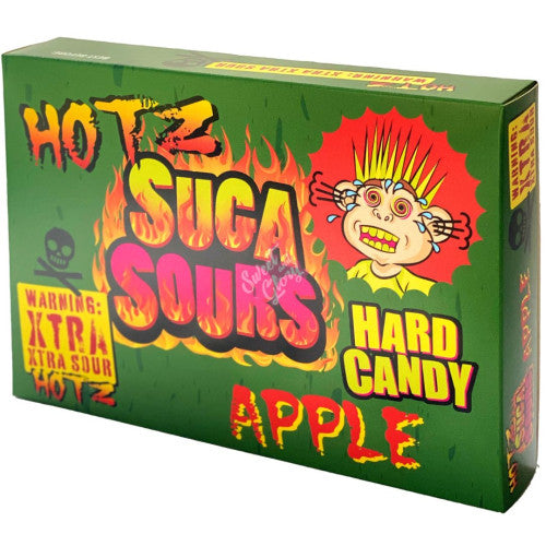 Front of Suga Sours Xtra Sour Apple Hard Candy box showcasing vibrant green packaging, bold red text, and a sour candy character design (100g pack)
