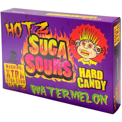Front of Suga Sours Xtra Sour Watermelon Hard Candy packaging showing vibrant purple design, watermelon flavour text, and 100g pack size.