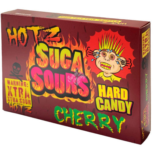 Front of Suga Sours Xtra Sour Cherry Hard Candy box showing bold graphics with hot themes, cherry flavour label, and 100g weight indication.