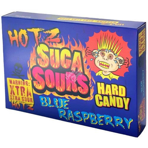 Front of Suga Sours Xtra Sour Blue Raspberry Hard Candy box featuring vibrant blue packaging, logo, and graphics, highlighting the blue raspberry flavour (100g pack)