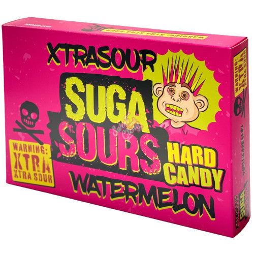 Front of Suga Sours Xtra Sour Watermelon Hard Candy pack showing bold pink logo, sour candy branding, and playful graphics (100g pack)