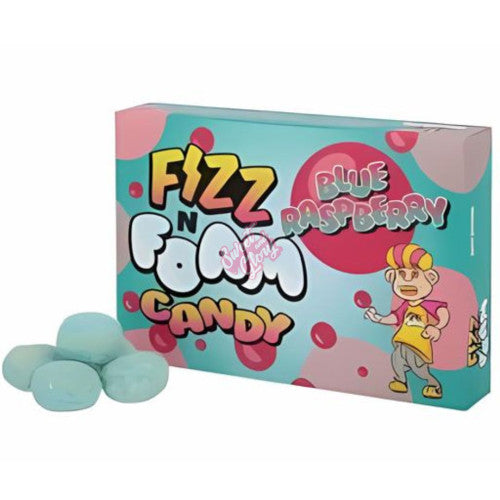 Front of Fizz N Foam Blue Raspberry Candy box featuring a playful cartoon character, blue raspberry flavour label, and the 100g pack size.