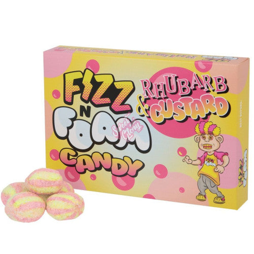 Front of Fizz N Foam Rhubarb & Custard Candy box showing colourful branding, rhubarb and custard flavour label, and foam candy pieces (100g pack)