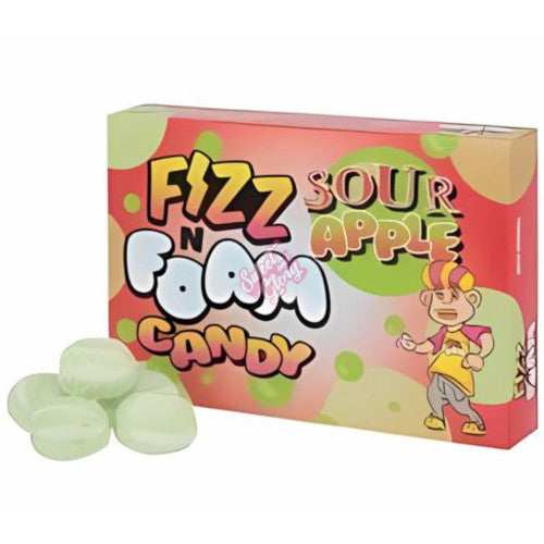 Front of Fizz N Foam Sour Apple Candy box showing bright colours, sour apple flavour label, and playful graphics (100g pack)