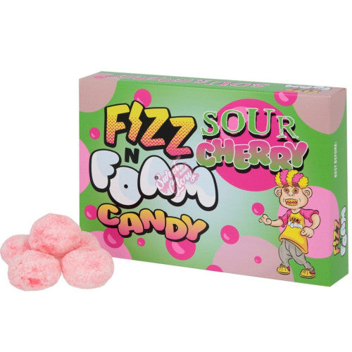 Front of Fizz N Foam Sour Cherry Candy box featuring vibrant design, logo, and sour cherry flavour label (100g pack)