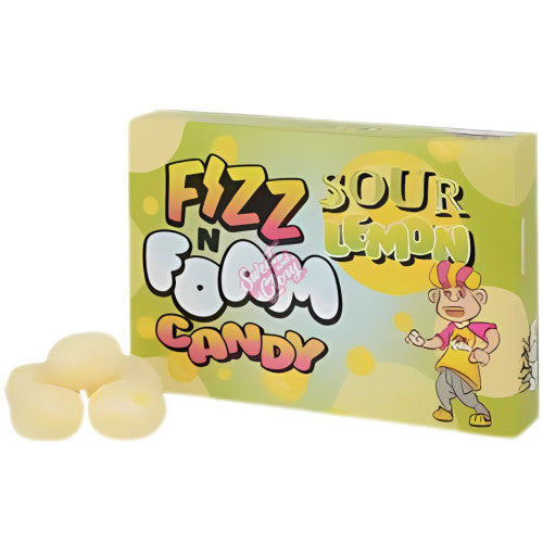 Front of Fizz N Foam Sour Lemon Candy packaging displaying vibrant logo and sour lemon flavour details (100g pack)