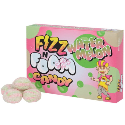 Front of Fizz N Foam Watermelon Candy box showing vibrant pink packaging with logo, cartoon character, and fizzy candy pieces (100g pack)