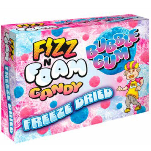 Front of Fizz N Foam Freeze Dried Bubblegum Candy box featuring bright colours, bubblegum flavour label, and cartoon character (100g pack)