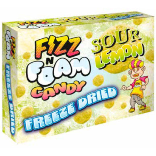 Front of Fizz N Foam Freeze Dried Sour Lemon Candy box showing bright graphics, sour lemon flavour label, and character illustration (100g pack)