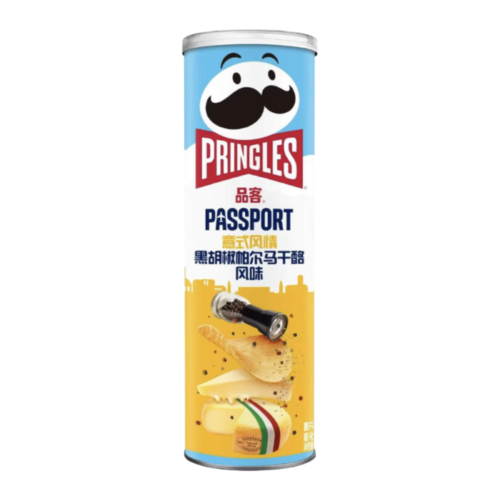 Front of a Pringles can featuring the brand logo, Black Pepper Parmesan Cheese flavour, and pack size (110g)