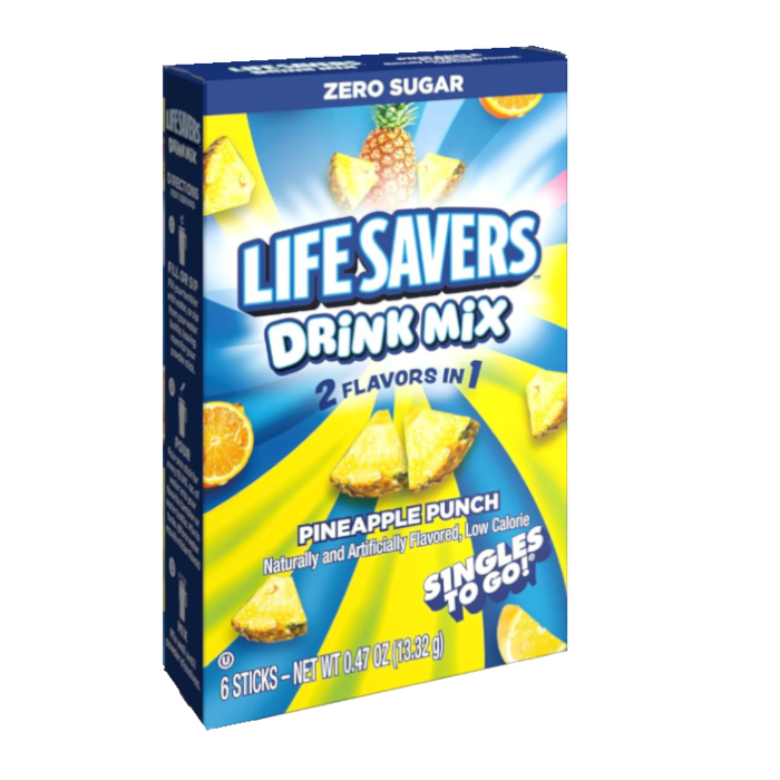 Front of Lifesavers Pineapple Punch Singles To Go box showing bright logo, pineapple imagery, and zero sugar label (13.32g pack)