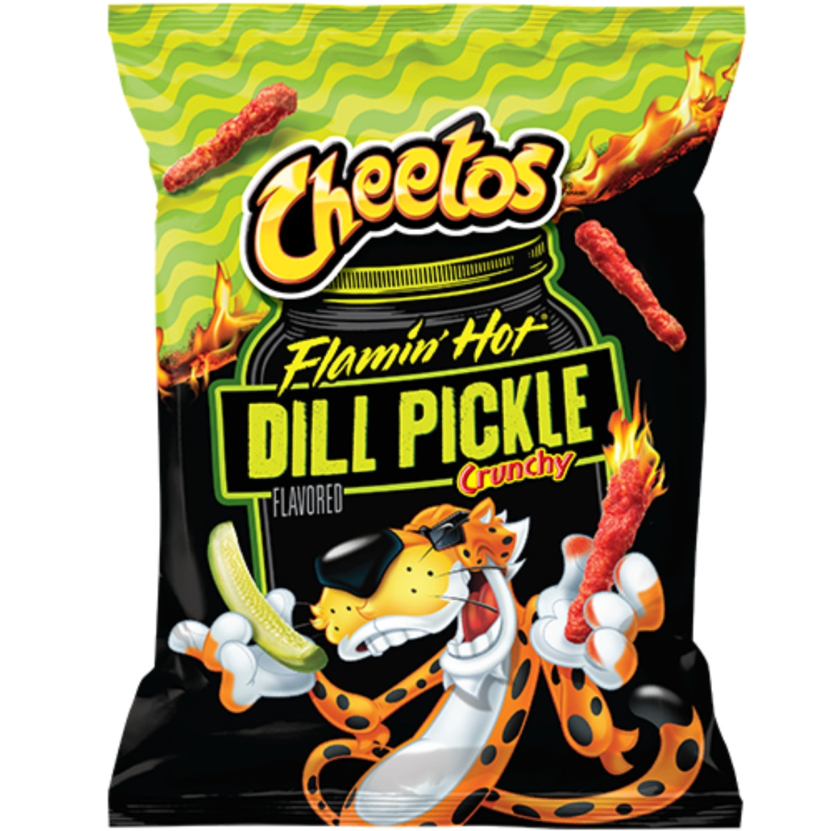 Front of a bag of Cheetos Crunchy Flamin' Hot Dill Pickle showing the logo, vibrant green and black design, and images of dill pickle slices and hot snacks (31g pack)