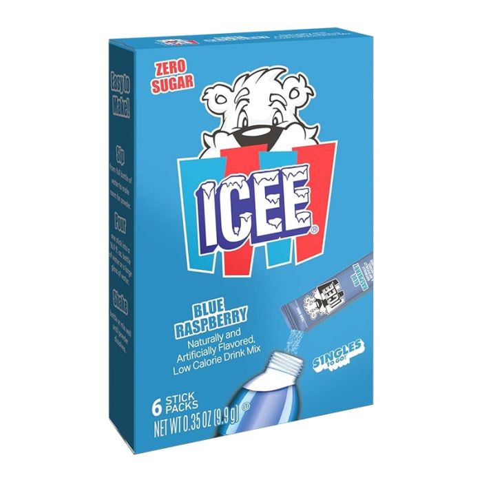 Front of Icee Blue Raspberry Singles To Go box showing blue drink mix label, Icee logo, and pack size (6 stick packs of 9.9g)