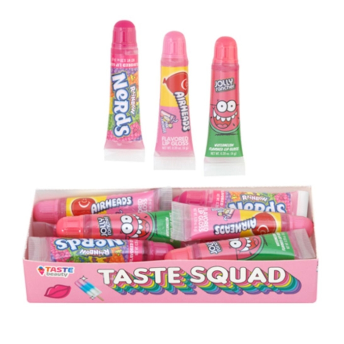 Front of Taste Squad Lip Gloss tube showing vibrant pink design and Airheads Pink Lemonade flavour label (6g pack)